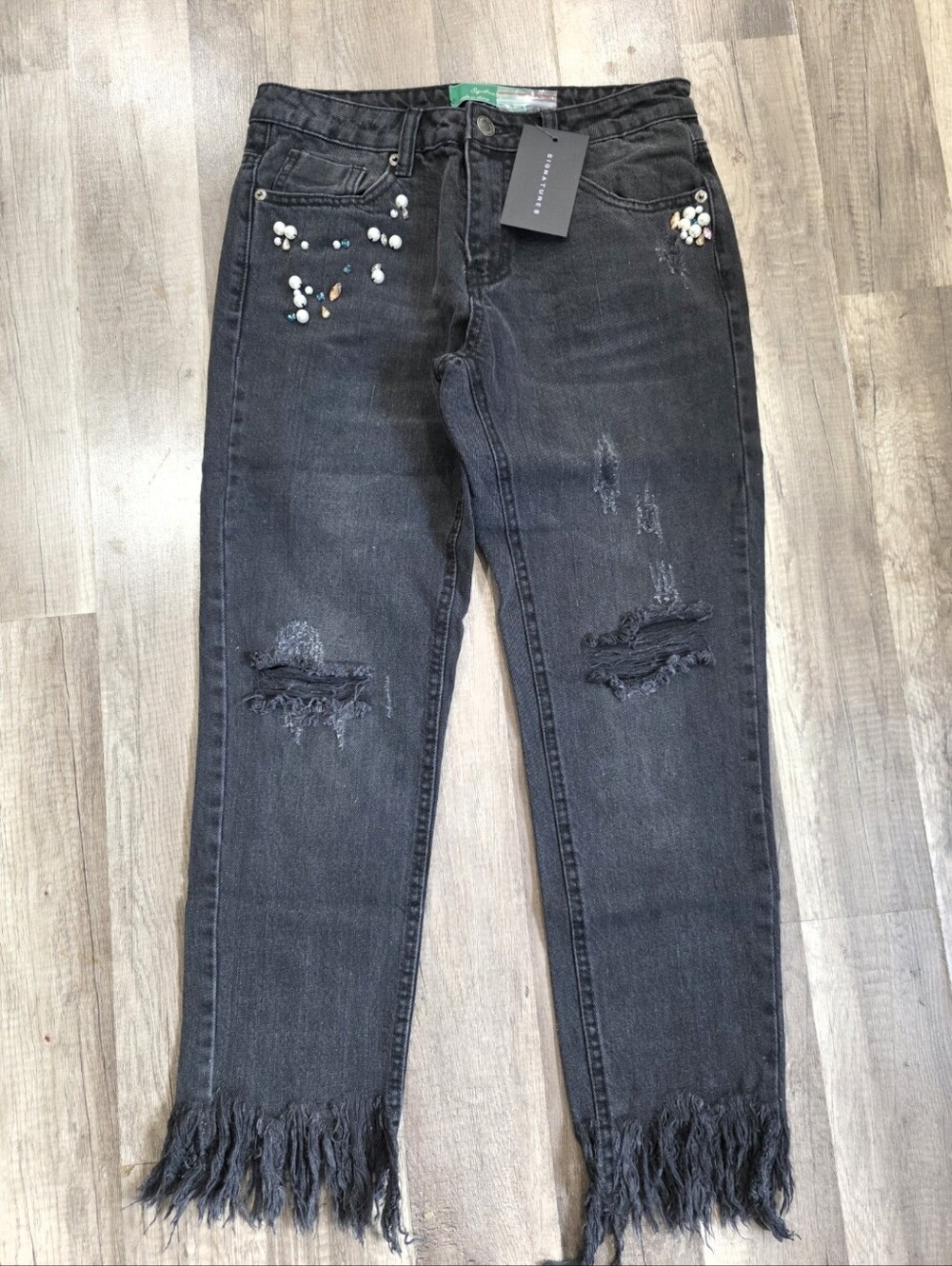 Pearl Crystals Embellished Black Distressed Women’s Jeans Ankle Fray Stretch Y2K